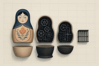 A russian nesting doll laid out on a blueprint. The hollow shell is beautifully painted, while the inner ones are mechanical. At the core is a cage.