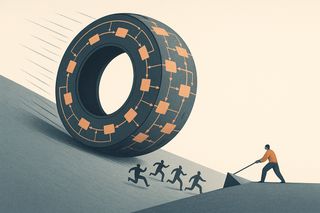 A massive tire rolling down a hill, its surface made of interconnected network nodes, while small figures scatter and one figure positions a deflection tool
