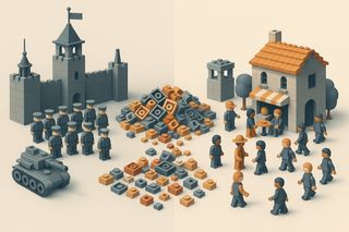 Built from the same LEGO blocks: soldiers, tanks; but also cafes and people cooperating.