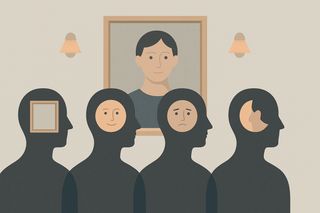 An illustration of several silhouettes looking at a painting. Each has a "window" in their head that shows completely different pictures