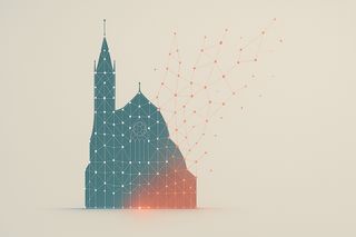 A graph in the shape of a cathedral continuously losing coherence from left to right of the imag