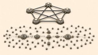 A small network of large nodes connected directly by thick private conduits above a much larger network whose thin transparent connections pass through shared chokepoints