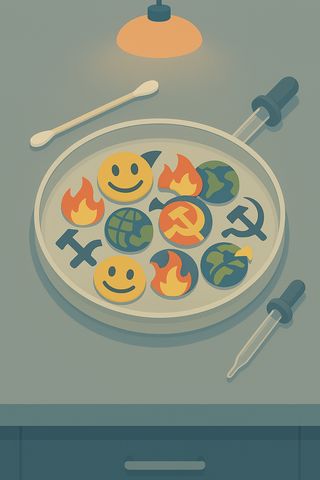 "Petri dish with symbols interacting"