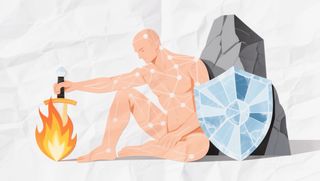 A conceptual illustration of a belief system represented as a human-shaped semantic graph. In its left hand, it holds a shield made of crystalline ice structures—rigid, geometric, and static in cool blues and grays. In its right hand, it wields a sword of fire—chaotic, swirling, and dynamic, made of scattered data points and network fragments in warm oranges and reds. The composition is balanced, symbolizing equilibrium between rigidity and chaos. The style is minimalist, modern, and thoughtful, with a clean muted palette and no text.