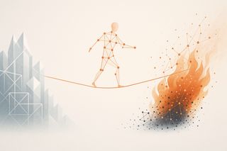 A graph shaped like a human figure is walking a tightrope between a frozen landscape and a roaring fire.