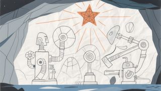 A stylized cave scene with a large orange star radiating instructions from above, while mechanical devices and a robot figure work below - including fan mechanisms, interconnected levers, and a pump apparatus, all suggesting the harnessing of environmental energy through engineered systems